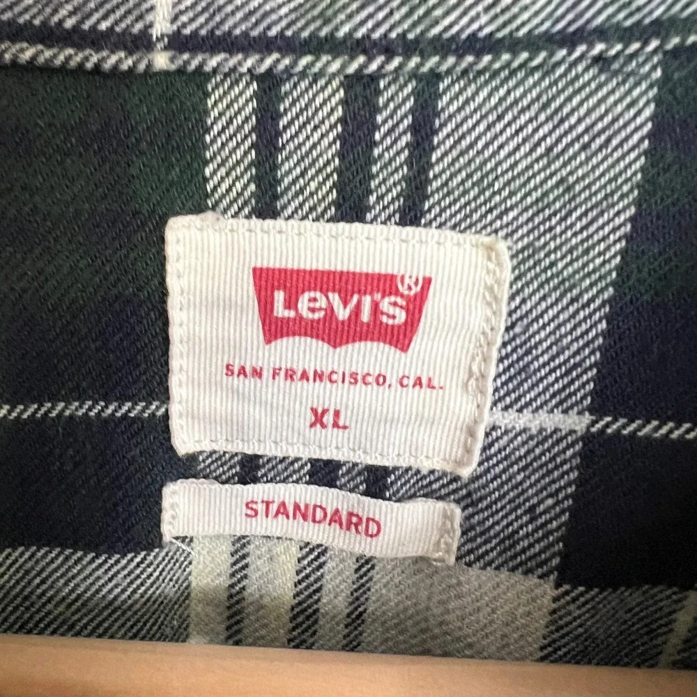 Levi's Plaid Flannel Snap‎ Shirt Blue Green White Men's XL Long Sleeve Western